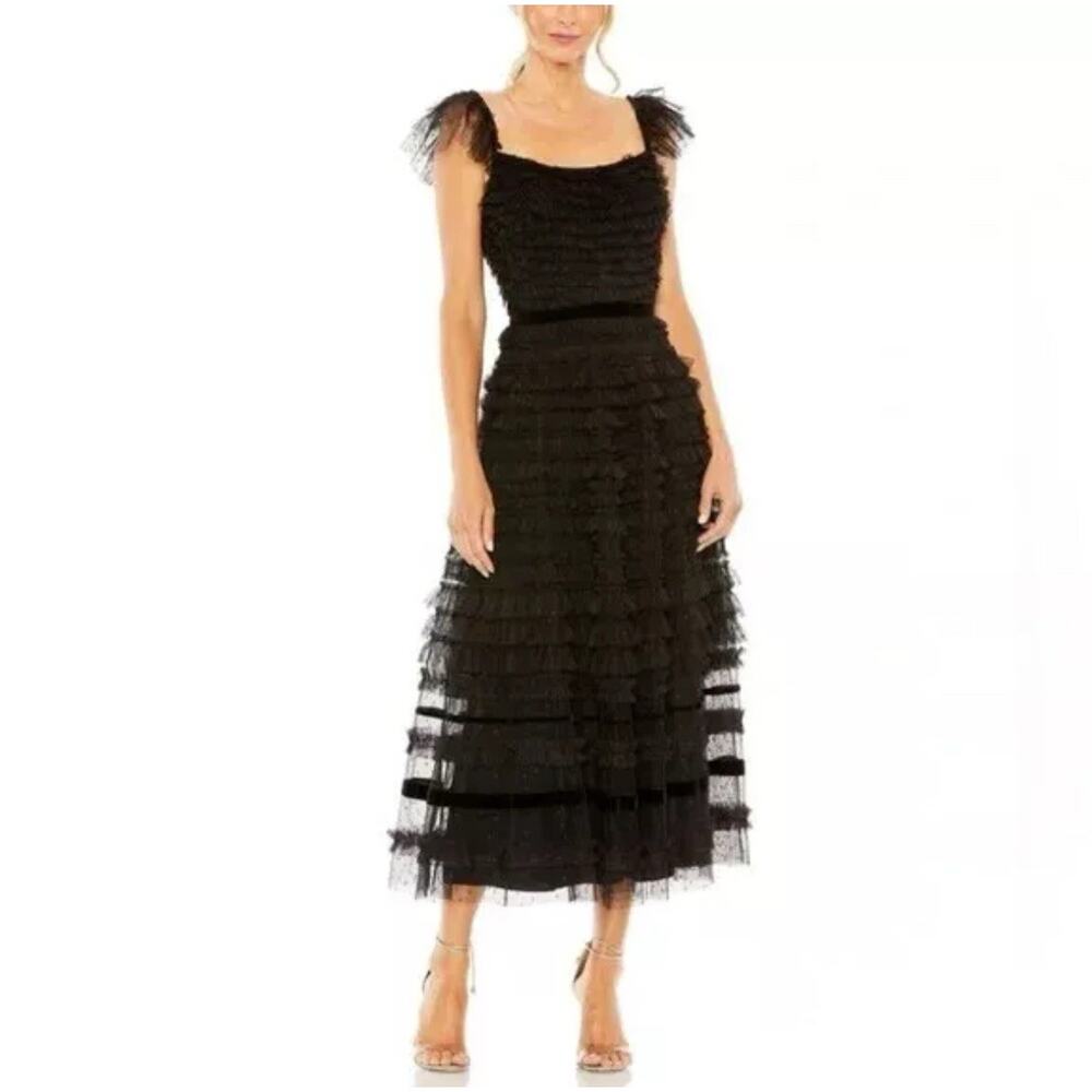 Mac Duggal 8054 Sz 4 Ruffle Cap Sleeve Embellished Tiered Midi Dress Velvet